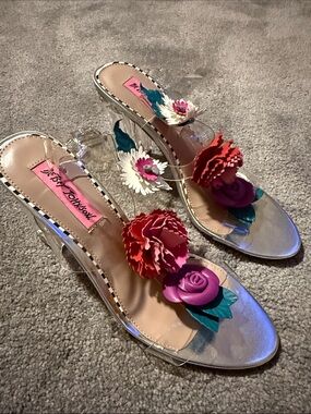 Betsey Johnson Silver Clear Floral Heeled Slides with Pink, Red & Green Accents